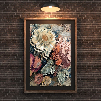 Vertical Baroque Floral Realism Print with textured, detailed blooms and foliage in muted, autumnal colors (brown, beige, pink). Ideal Traditional or Rustic Living Room Decor.