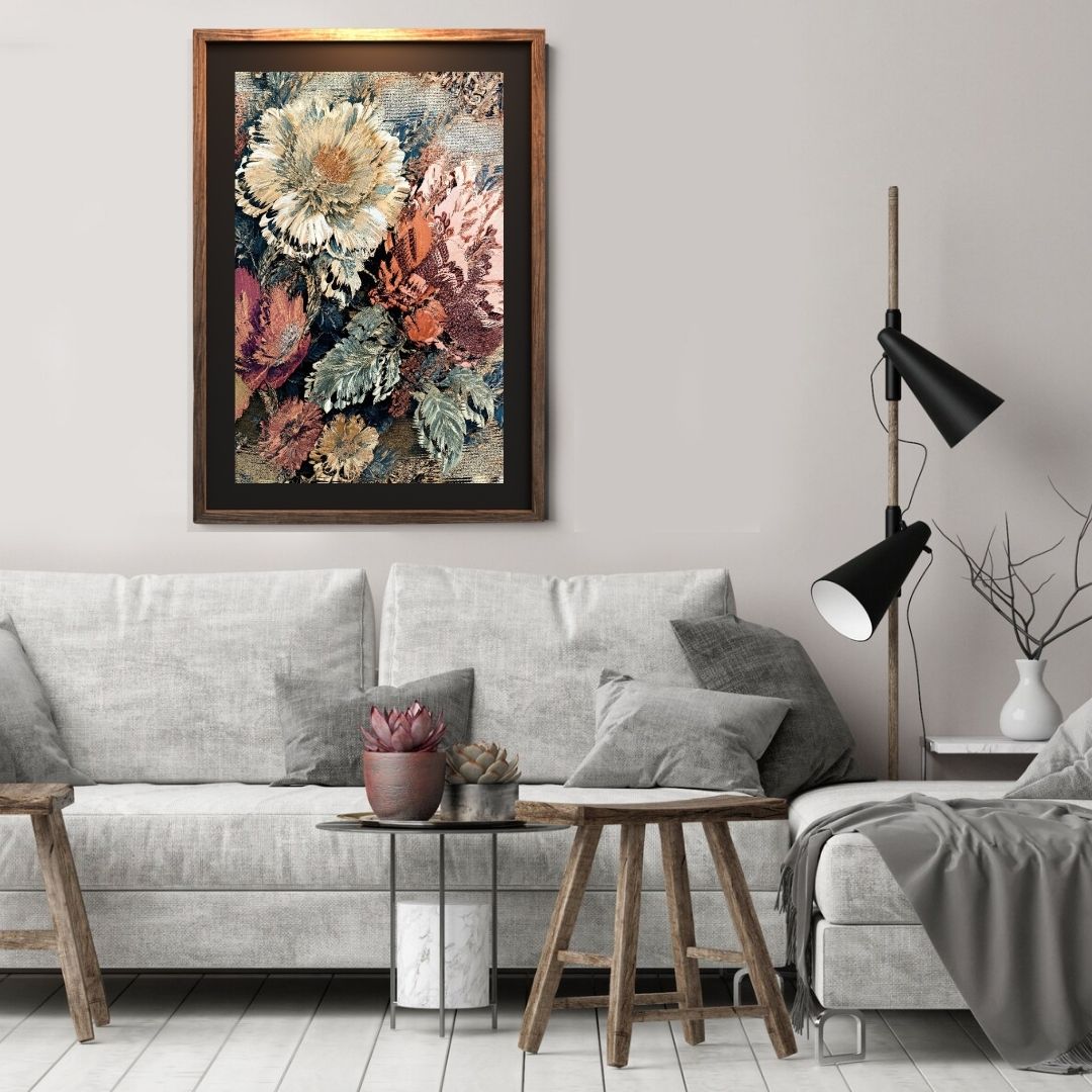 Vertical framed Baroque Floral Realism Print with textured, detailed blooms and foliage in muted, autumnal colors (brown, beige, pink). Ideal Traditional or Rustic Living Room Decor.