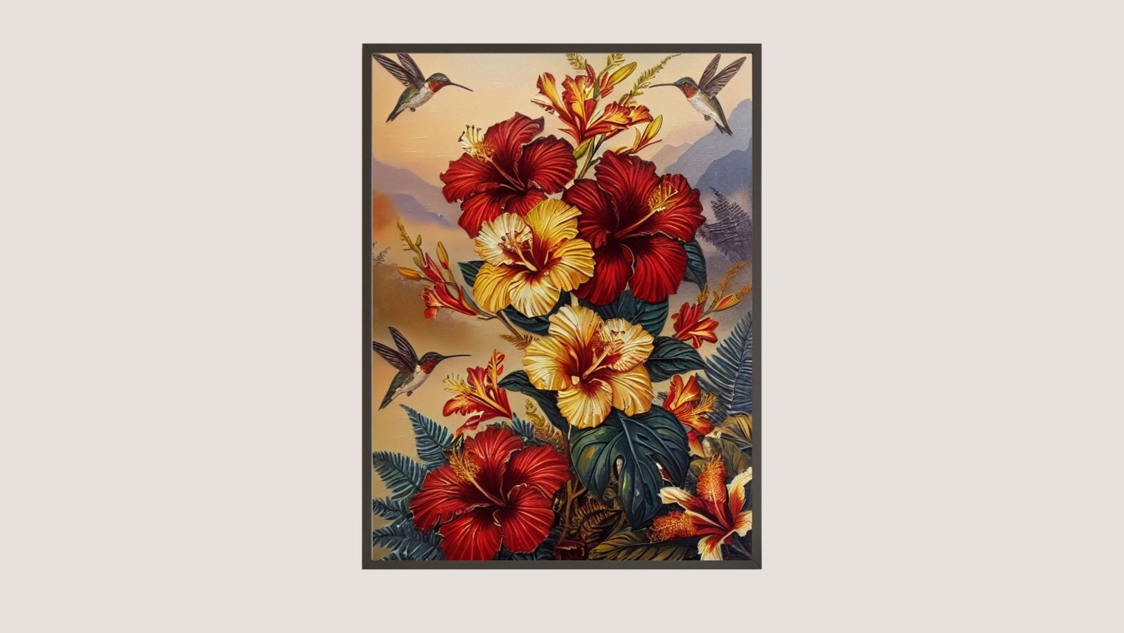 Vertical framed Vibrant Tropical Floral Print of dense red and yellow Hibiscus flowers surrounded by Hummingbirds. Ideal Bohemian or Jungalow Living Room Decor.