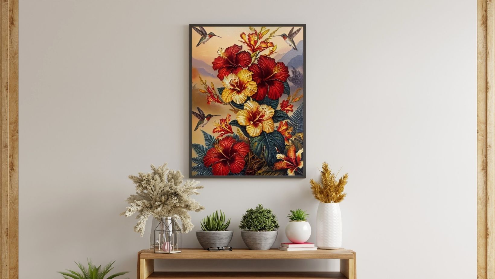 Vertical framed Vibrant Tropical Floral Print of dense red and yellow Hibiscus flowers surrounded by Hummingbirds. Ideal Bohemian or Jungalow Living Room Decor.