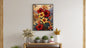 Vertical framed Vibrant Tropical Floral Print of dense red and yellow Hibiscus flowers surrounded by Hummingbirds. Ideal Bohemian or Jungalow Living Room Decor.