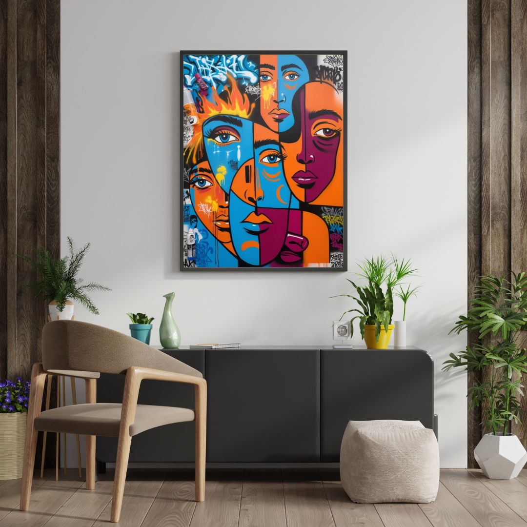 Large framed Pop Art Graffiti Wall Art print featuring abstract, vibrant faces in orange, blue, and purple over a chaotic background. Ideal Urban or Contemporary Living Room Decor.