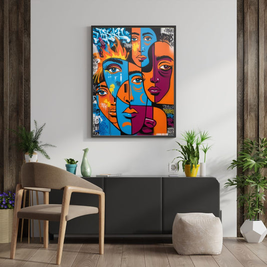 Large framed Pop Art Graffiti Wall Art print featuring abstract, vibrant faces in orange, blue, and purple over a chaotic background. Ideal Urban or Contemporary Living Room Decor.