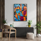 Large framed Pop Art Graffiti Wall Art print featuring abstract, vibrant faces in orange, blue, and purple over a chaotic background. Ideal Urban or Contemporary Living Room Decor.