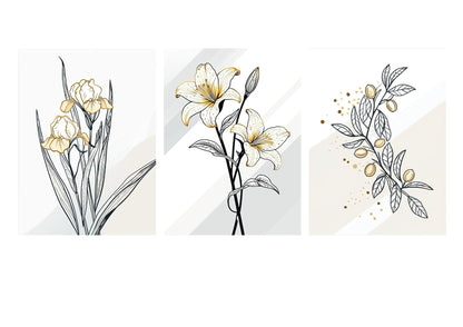 A set of three modern canvas print. Each features simple black line art drawings of different botanicals (lilies, etc.) with subtle abstract shapes and pale yellow/gold accents on a white background. Canvas wall art by wall and more