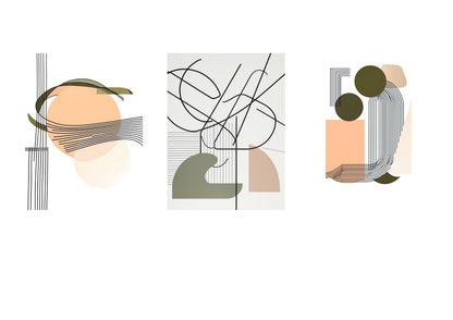 A triptych of three matching abstract geometric artworks. Each piece features a balanced composition of thin, fluid, black lines and geometric elements, contrasting with solid, flat shapes in a palette of olive green, dusty peach, and blush pink. The elements overlap to create depth. Wall art frames by wall and more