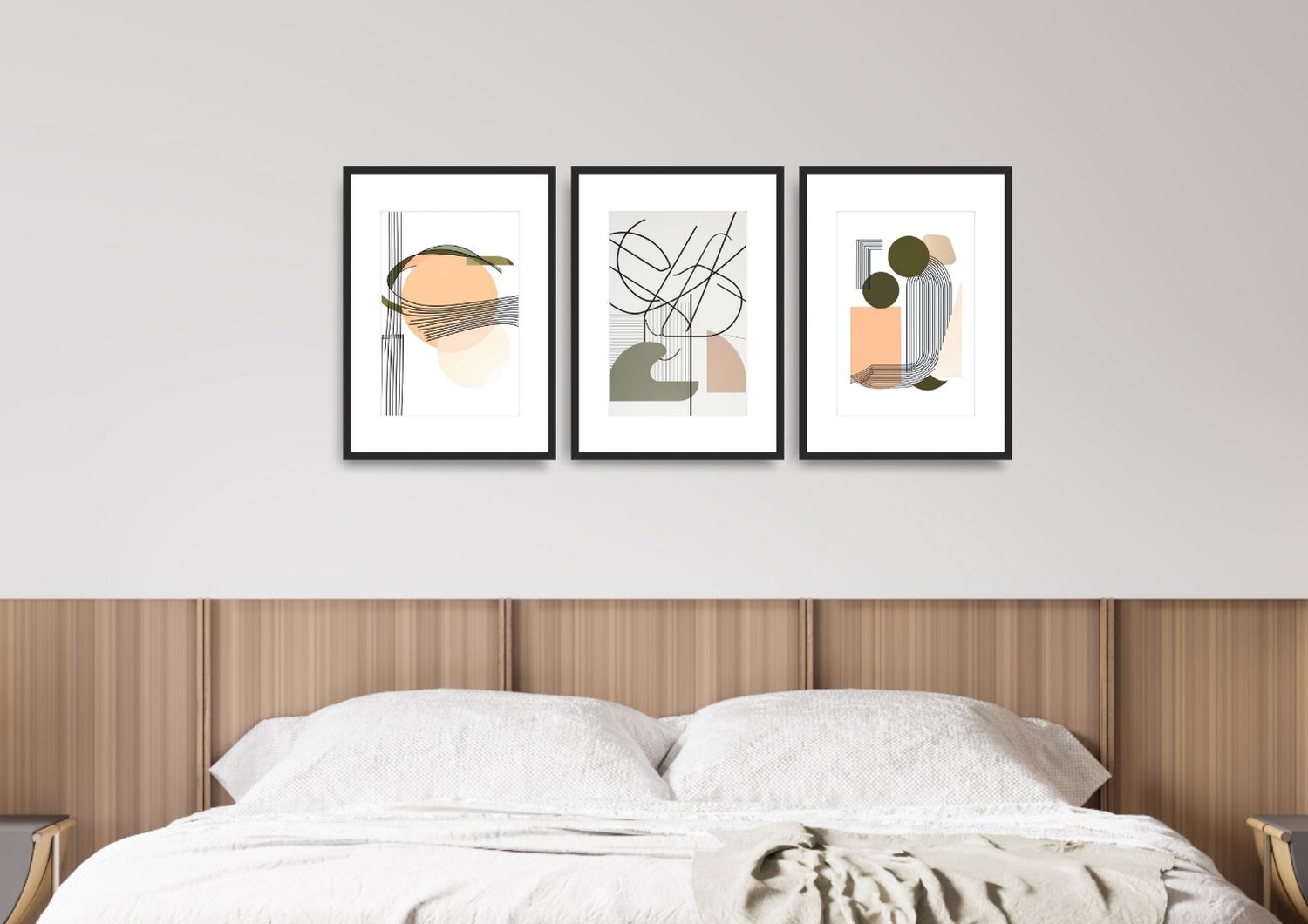 A triptych of three matching abstract geometric artworks. Each piece features a balanced composition of thin, fluid, black lines and geometric elements, contrasting with solid, flat shapes in a palette of olive green, dusty peach, and blush pink. The elements overlap to create depth. Wall art frames in bed room by wall and more