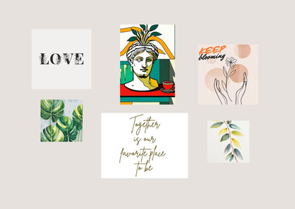 The gallery wall features six framed artworks in natural wood frames, including: An abstract portrait of a classical bust in vibrant yellow, red, and turquoise. Minimalist black typography stating "LOVE." A hand-drawn sketch of hands holding a flower with "KEEP blooming." A square print of lush green tropical leaves. A small print of stylized yellow and green leaves. Flowing gold calligraphy stating "Together is our favourite place to be.".Wall art by wall and more