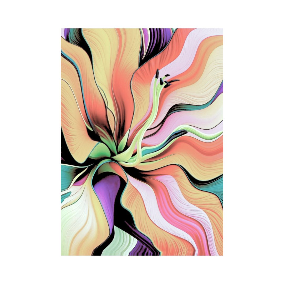 Large Abstract Floral Wall Art print with sinuous lines and vibrant colors, inspired by Art Nouveau style. Ideal Contemporary or Modern Living Room Decor.