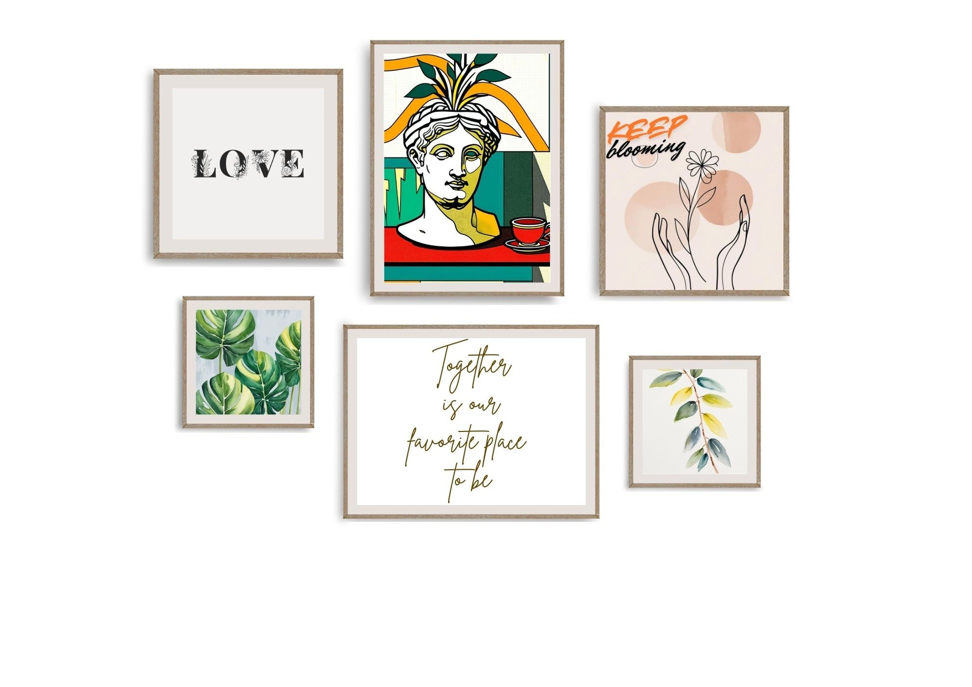The gallery wall features six framed artworks in natural wood frames, including: An abstract portrait of a classical bust in vibrant yellow, red, and turquoise. Minimalist black typography stating "LOVE." A hand-drawn sketch of hands holding a flower with "KEEP blooming." A square print of lush green tropical leaves. A small print of stylized yellow and green leaves. Flowing gold calligraphy stating "Together is our favourite place to be.".Wall art by wall and more