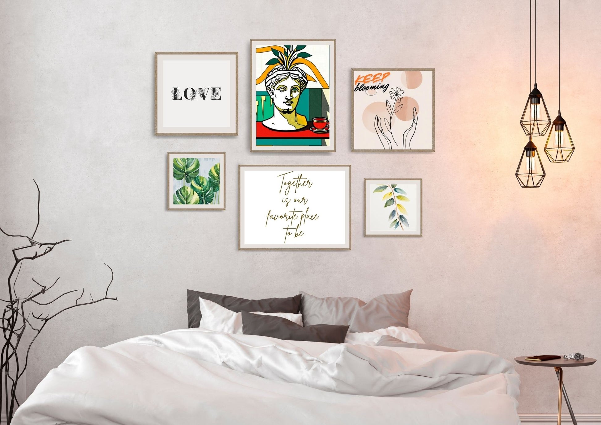 The gallery wall features six framed artworks in natural wood frames, including: An abstract portrait of a classical bust in vibrant yellow, red, and turquoise. Minimalist black typography stating "LOVE." A hand-drawn sketch of hands holding a flower with "KEEP blooming." A square print of lush green tropical leaves. A small print of stylized yellow and green leaves. Flowing gold calligraphy stating "Together is our favourite place to be.".Wall gallery art by wall and more