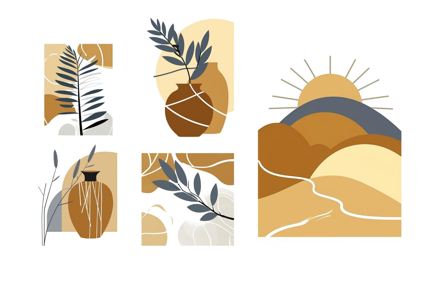 A set of five framed abstract prints arranged as a gallery wall. The collection uses a warm, bohemian palette of ochre, terracotta, and beige, featuring simple shapes of suns, hills, vases, and botanical elements. Wall art by wall and more