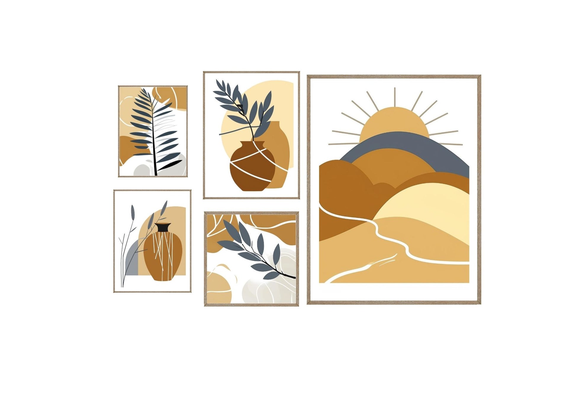 A set of five framed abstract prints arranged as a gallery wall. The collection uses a warm, bohemian palette of ochre, terracotta, and beige, featuring simple shapes of suns, hills, vases, and botanical elements. Wall art frames by wall and more