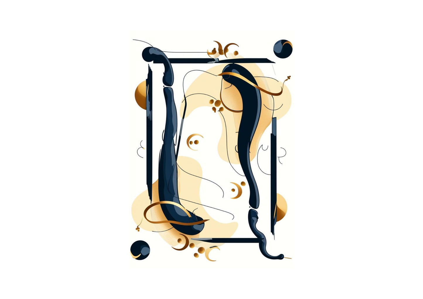 A triptych of three vertical abstract graphic artworks. Each piece features fluid, coiled, ribbon-like shapes in deep navy blue and ochre/gold, often intertwined with thin, black geometric rectangular outlines that sometimes contain or interact with the curves, all set against a pale cream background. Canvas wall art by wall and more