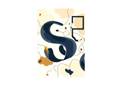 A triptych of three vertical abstract graphic artworks. Each piece features fluid, coiled, ribbon-like shapes in deep navy blue and ochre/gold, often intertwined with thin, black geometric rectangular outlines that sometimes contain or interact with the curves, all set against a pale cream background. Canvas wall art by wall and more
