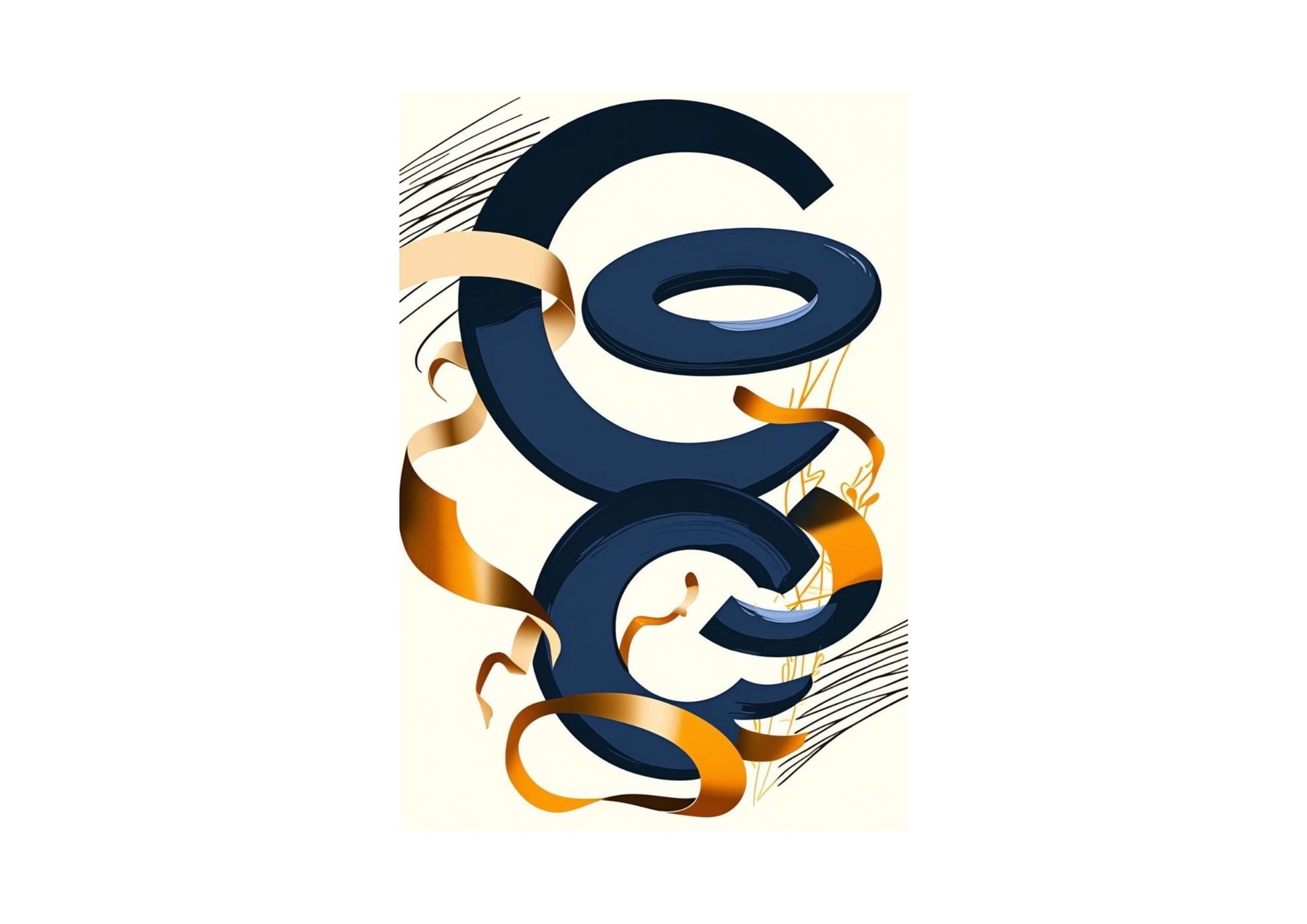 A triptych of three vertical abstract graphic artworks. Each piece features fluid, coiled, ribbon-like shapes in deep navy blue and ochre/gold, often intertwined with thin, black geometric rectangular outlines that sometimes contain or interact with the curves, all set against a pale cream background. Canvas wall art by wall and more