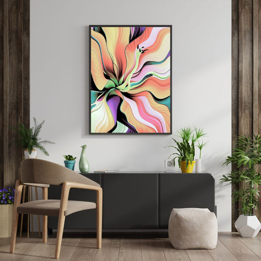 Large framed Abstract Floral Wall Art print with sinuous lines and vibrant colors, inspired by Art Nouveau style. Ideal Contemporary or Modern Living Room Decor.