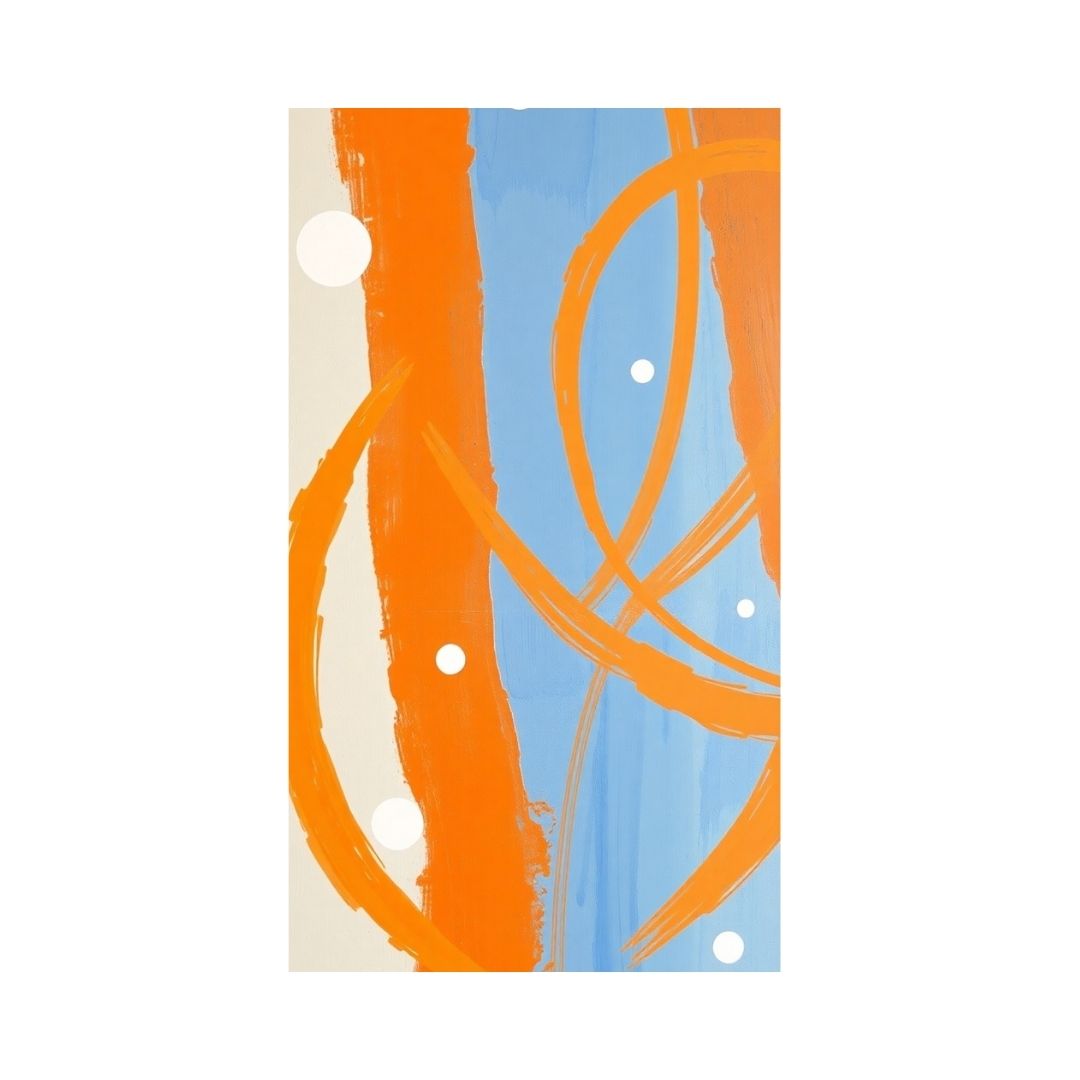Large vertical Abstract Color Field Wall Art canvas featuring bold, dynamic brushstrokes in vibrant Orange and Light Blue with white circular accents. Ideal Contemporary Living Room Decor.