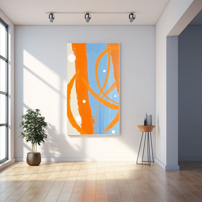 Large vertical framed Abstract Color Field Wall Art canvas featuring bold, dynamic brushstrokes in vibrant Orange and Light Blue with white circular accents. Ideal Contemporary Living Room Decor.