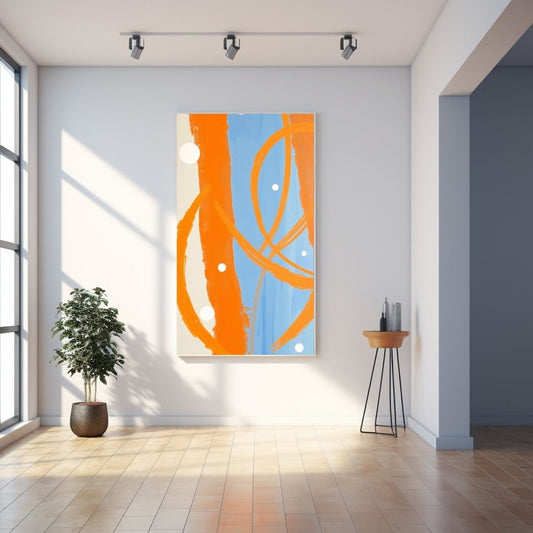Large vertical framed Abstract Color Field Wall Art canvas featuring bold, dynamic brushstrokes in vibrant Orange and Light Blue with white circular accents. Ideal Contemporary Living Room Decor.