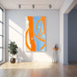 Large vertical framed Abstract Color Field Wall Art canvas featuring bold, dynamic brushstrokes in vibrant Orange and Light Blue with white circular accents. Ideal Contemporary Living Room Decor.