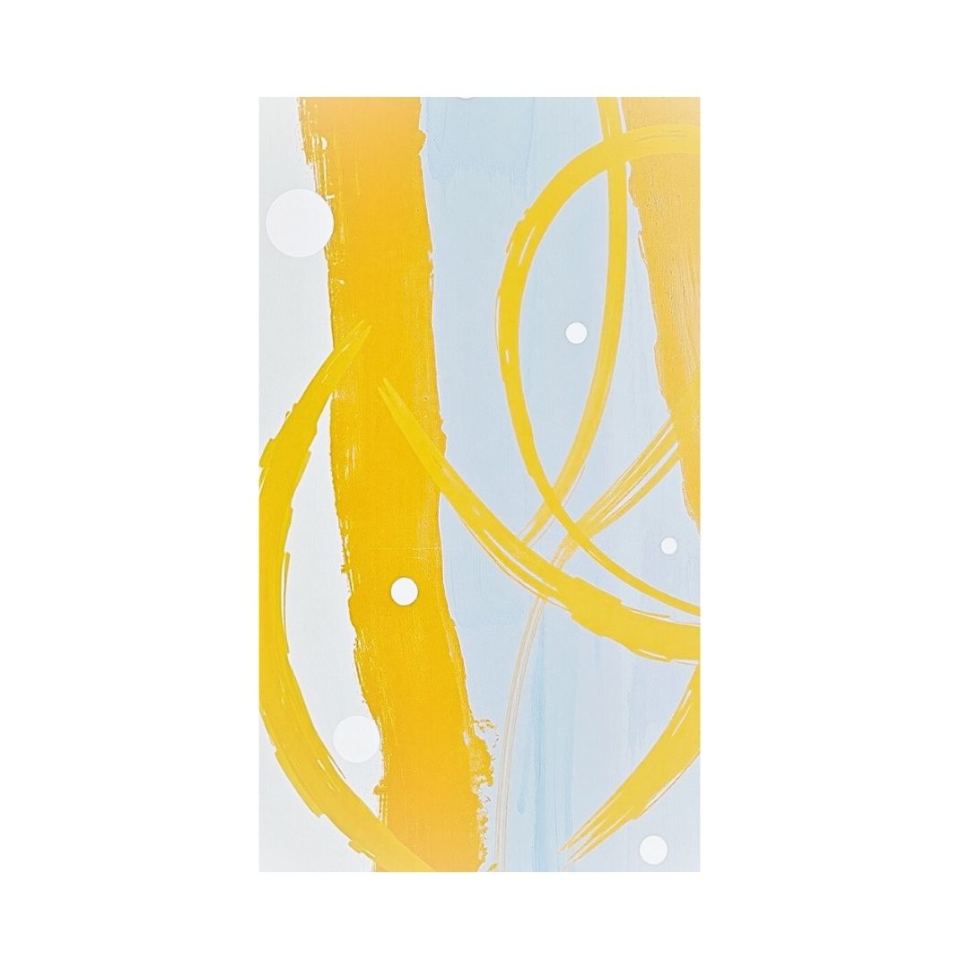 Large vertical Abstract Color Field Wall Art canvas featuring bold, dynamic brushstrokes in vibrant yellow and Light grey with white circular accents. Ideal Contemporary Living Room Decor.