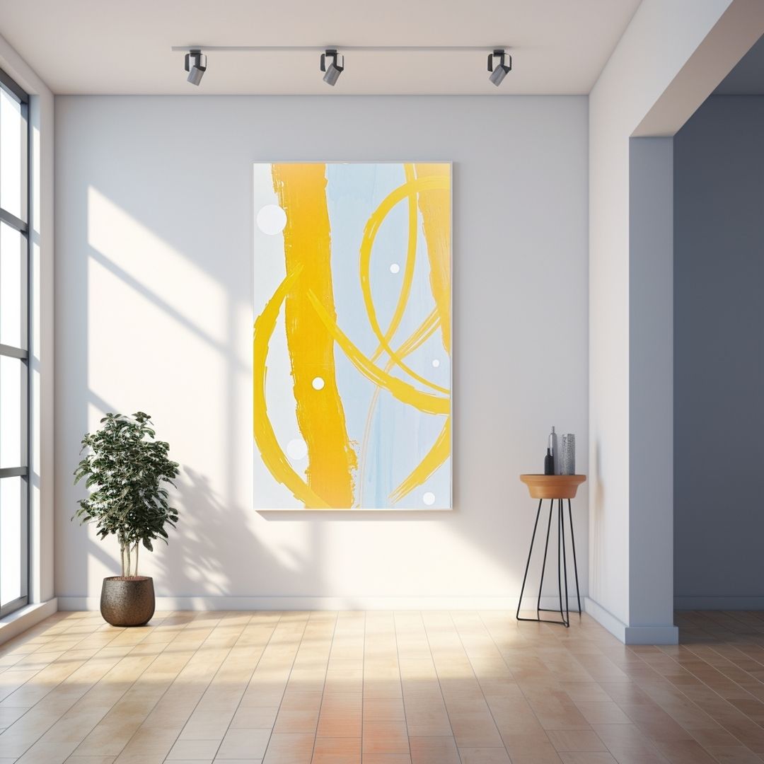 Large vertical framed Abstract Color Field Wall Art canvas featuring bold, dynamic brushstrokes in vibrant yellow and Light grey with white circular accents. Ideal Contemporary Living Room Decor.