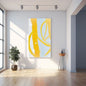 Large vertical framed Abstract Color Field Wall Art canvas featuring bold, dynamic brushstrokes in vibrant yellow and Light grey with white circular accents. Ideal Contemporary Living Room Decor.