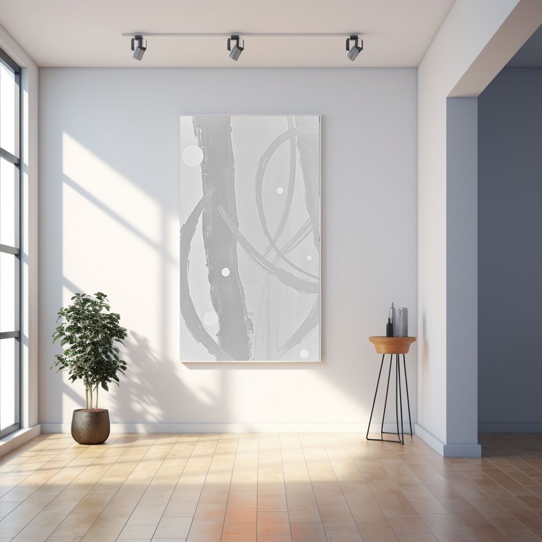 Large vertical framed Abstract Color Field Wall Art canvas featuring bold, dynamic brushstrokes in vibrant grey and White with white circular accents. Ideal Contemporary Living Room Decor.