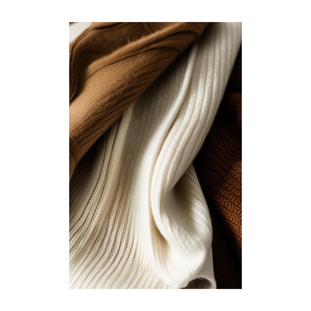 Vertical Minimalist Textile Photography print capturing soft, wavy folds of Brown, Beige, and Cream Wool Fabric. Ideal Scandinavian or Bohemian Living Room Decor accent.