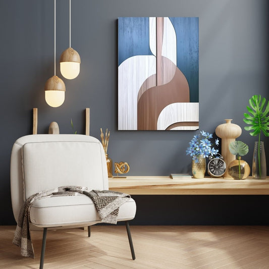 Vertical Abstract Geometric Wall Art canvas featuring overlapping organic shapes in Navy Blue, White, and Wood Tones. Ideal Mid-Century Modern or Contemporary Living Room Decor.