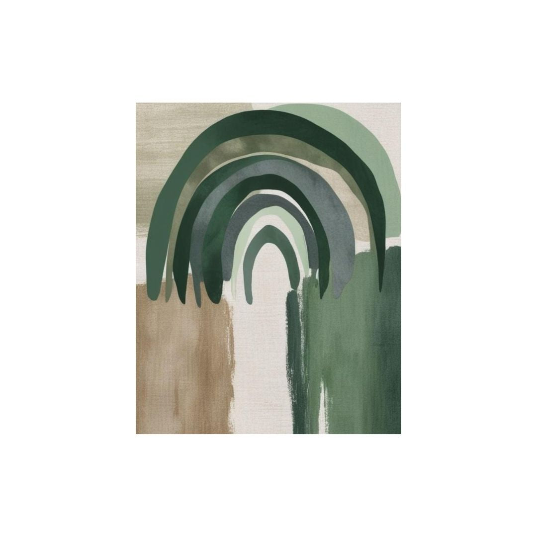 Contemporary Abstract Wall Art print featuring harmonious organic and geometric shapes, dominated by arches of Deep Olive Green and soft beige. Ideal Bohemian Living Room Decor.