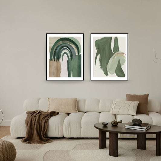 Framed Contemporary Abstract Diptych Wall Art Set (2 prints) featuring harmonious organic and geometric shapes, dominated by layers of Deep Olive Green and soft beige. Ideal Bohemian Living Room Decor.