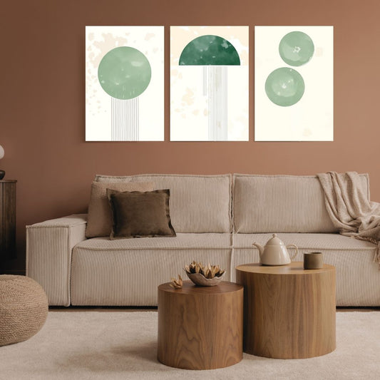 Minimalist Abstract Triptych Wall Art Set (3 panels) featuring geometric and organic shapes in Soft Sage Green, beige, and line details. Ideal Mid-Century Modern or Bohemian Living Room Decor.