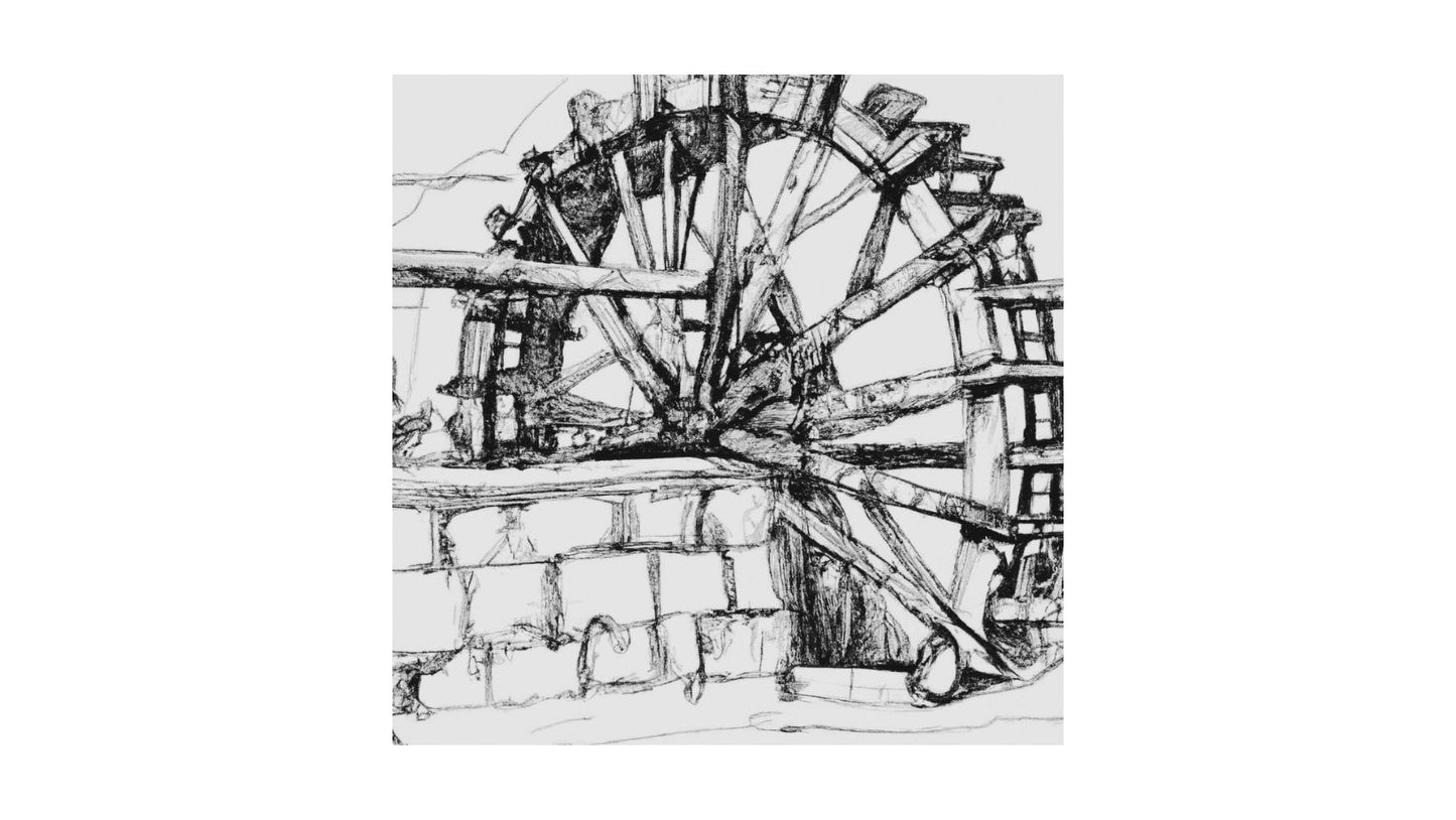 Vintage Egyptian Documentary Quadtych (1 print): Nile Life black and white photography featuring a water wheel. Ideal Cultural/Bohemian decor.