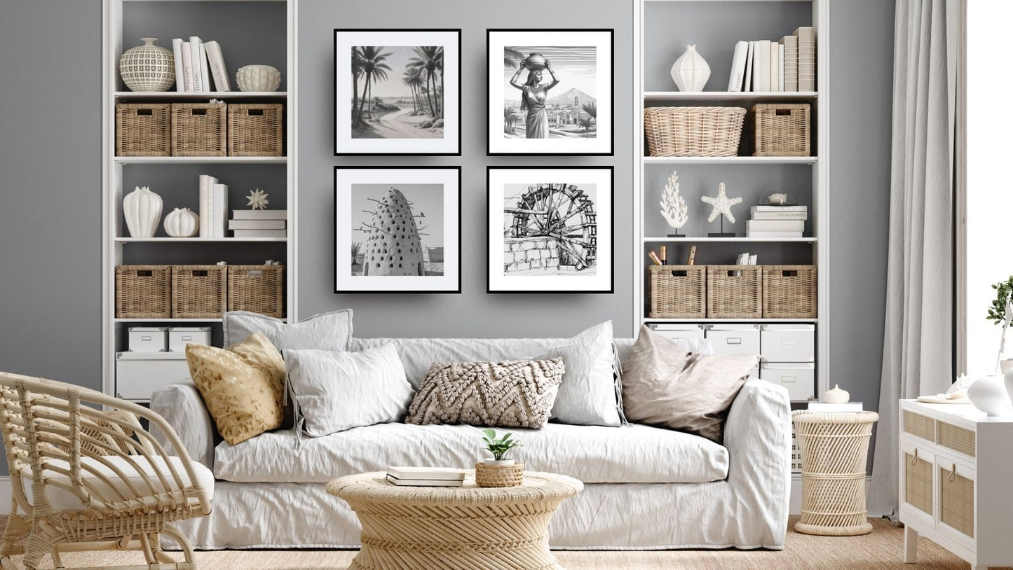 Vintage Egyptian Documentary Quadtych (4 framed prints): Nile Life black and white photography featuring palm trees, a woman carrying a pot, a mud dovecote for pigeons, and a water wheel. Ideal Cultural/Bohemian decor.