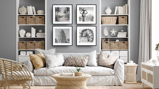 Vintage Egyptian Documentary Quadtych (4 framed prints): Nile Life black and white photography featuring palm trees, a woman carrying a pot, a mud dovecote for pigeons, and a water wheel. Ideal Cultural/Bohemian decor.