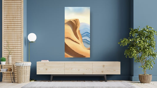 Vertical Abstract Landscape Canvas Wall Art print depicting smooth, sculptural Desert Sand Dunes blending with stylized Blue Ocean Waves. Ideal Coastal Living Room Decor or Modern accent.