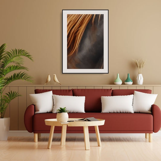 Vertical framed Close-up Photography print of a dramatic, flowing Arabian Horse Mane in shades of reddish-brown and black. Ideal Equestrian Art or Luxury Living Room Decor.