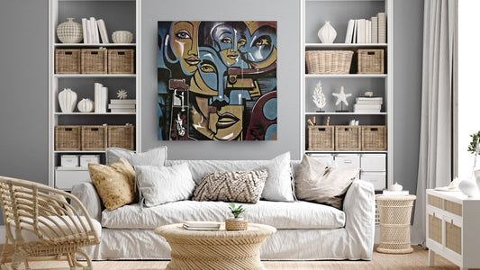 Large square Neo-Cubist Abstract Wall Art canvas featuring overlapping, stylized Human Faces in bold blue, gold, and burgundy tones. Ideal Contemporary Living Room Decor or Modern accent.