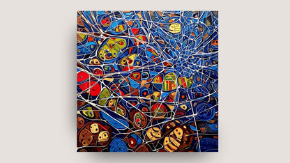  vibrant and complex abstract composition with a strong emphasis on line, color, and organic shapes, wall art canvas by wall and more