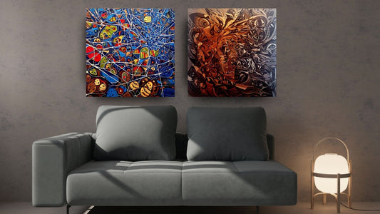  vibrant and complex abstract composition with a strong emphasis on line, color, and organic shapes, wall art canvas by wall and more