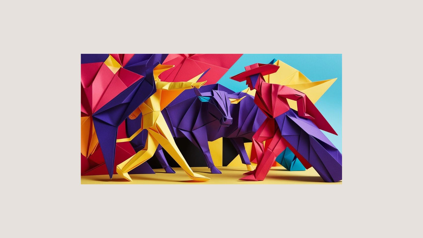 A vibrant scene of origami matador, a bull, and a bullfighter. wall art framed canvas (Purple)