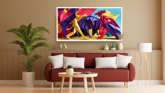 Horizontal framed Origami and Geometry Wall Art canvas depicting a colorful Bull and Bullfighter confrontation scene in purple, yellow, and red paper forms. Ideal Modern Abstract or Game Room Decor.
