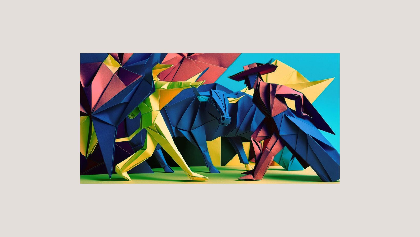 A vibrant scene of origami matador, a bull, and a bullfighter. wall art framed canvas (Blue)
