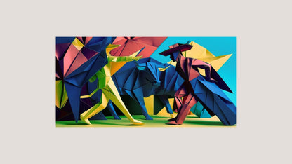 A vibrant scene of origami matador, a bull, and a bullfighter. wall art framed canvas (Blue)