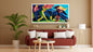 A vibrant scene of origami matador, a bull, and a bullfighter. wall art framed canvas (Blue)