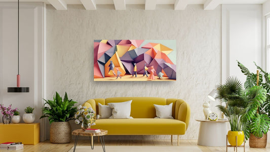 Horizontal Polygonal Wall Art canvas featuring abstract Geometric Abstraction landscape in pink, purple, and yellow with small human figures. Ideal Contemporary, Abstract, or Modern Living Room Decor.