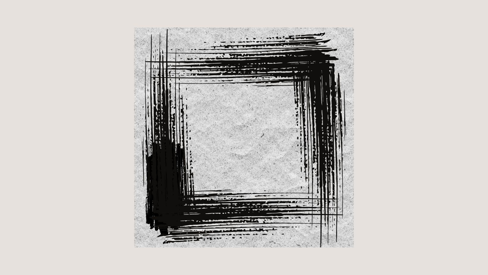 Square Black and White Abstract Wall Art  featuring thick, dramatic brushstrokes effects forming a rough Square or Frame shape. Ideal Minimalist for Contemporary Living Room Decor.