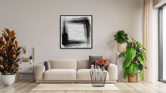 Square framed Black and White Abstract Wall Art print featuring thick, dramatic brushstrokes effects forming a rough Square or Frame shape. Ideal Minimalist for Contemporary Living Room Decor.